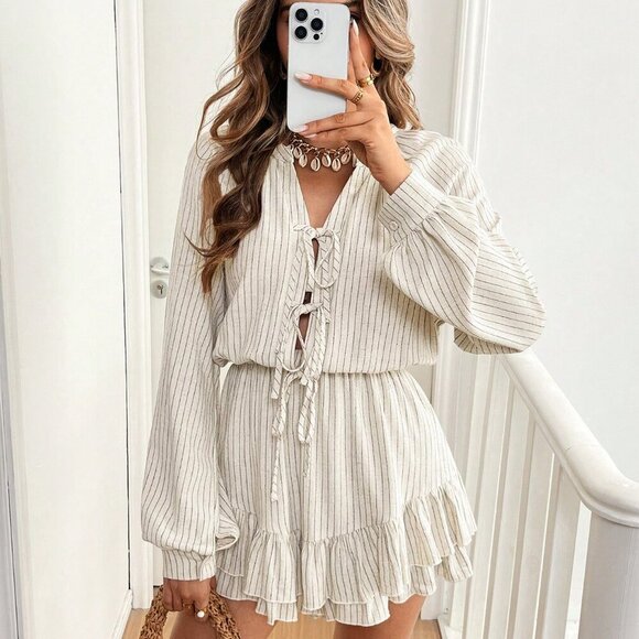 Casual Womens Striped Surplice V Neck Long Sleeve Tie Front Jumpsuit - Picture 1 of 7